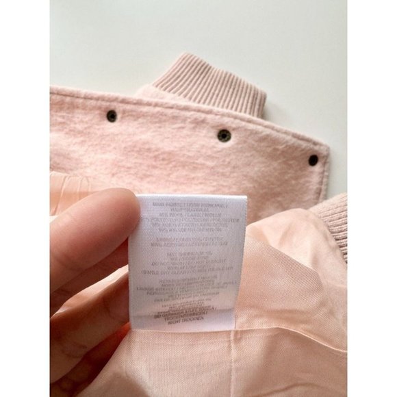 GANNI Inglewood Rose Smoke Pink Furry Wool Blend Varsity Bomber Jacket, Size L - Picture 14 of 15